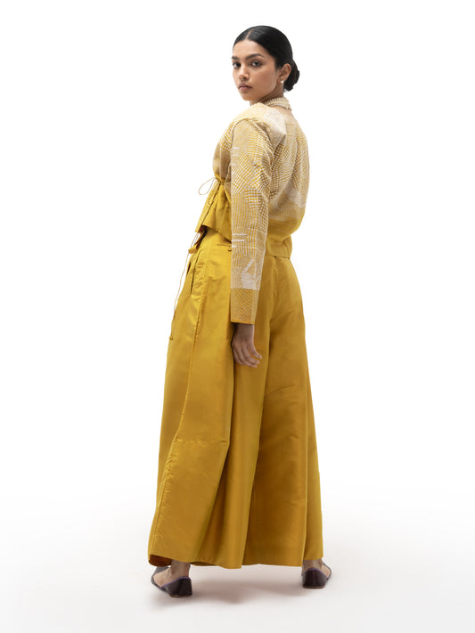 Silk Engineered Formal Overlap Pants – Yellow