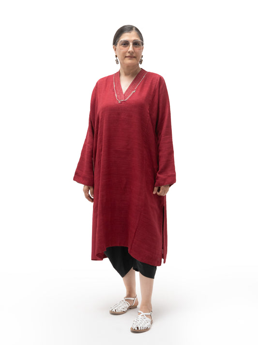 Hand Embroidered Gicha Silk Feron – Red