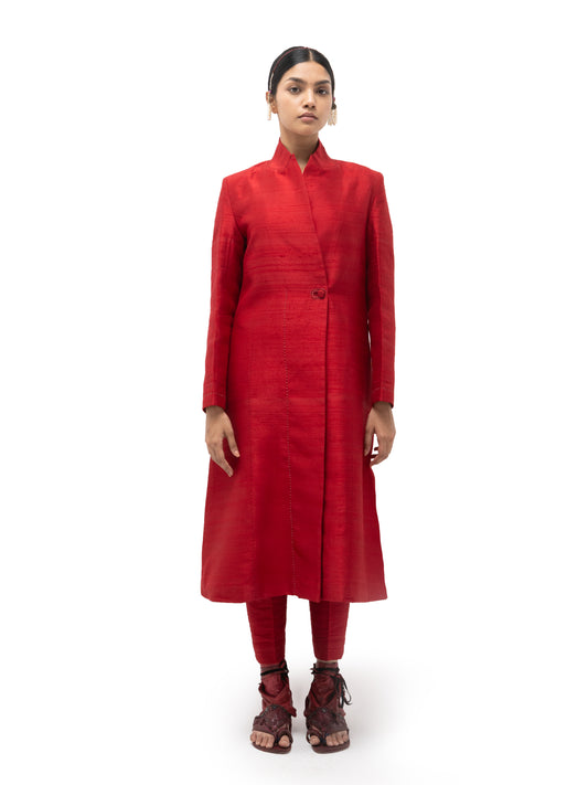 Silk Long Overlap Structured Jacket with Pants (Set)