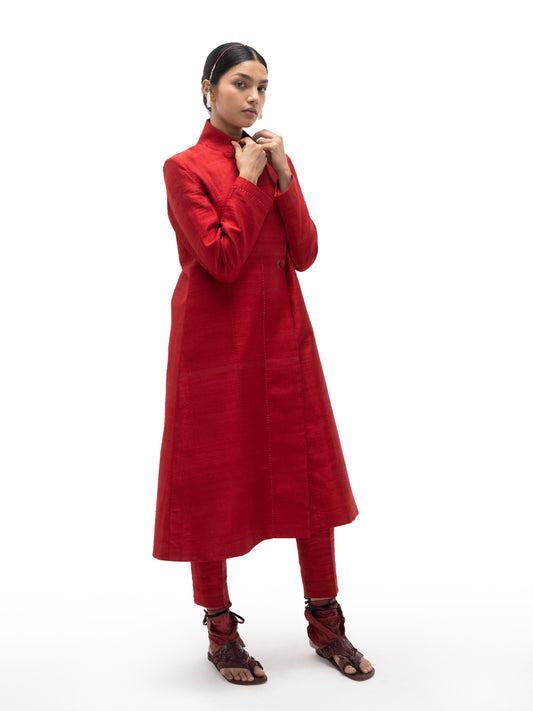 Silk Long Overlap Structured Jacket with Pants (Set)