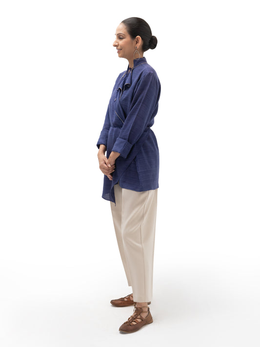 Hand Embroidered Gicha Silk Double Collar Overlap Tunic – Indigo