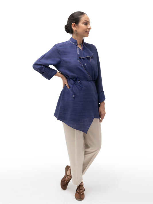 Hand Embroidered Gicha Silk Double Collar Overlap Tunic – Indigo