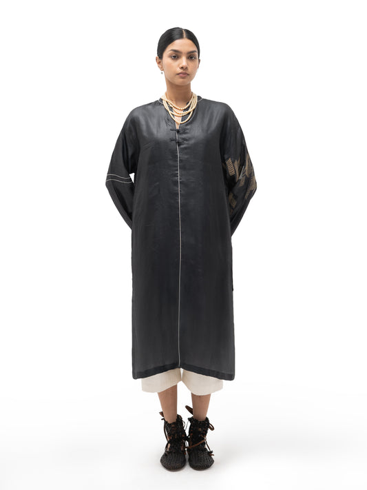 Hand Embroidered Long Straight Silk Tunic – Black