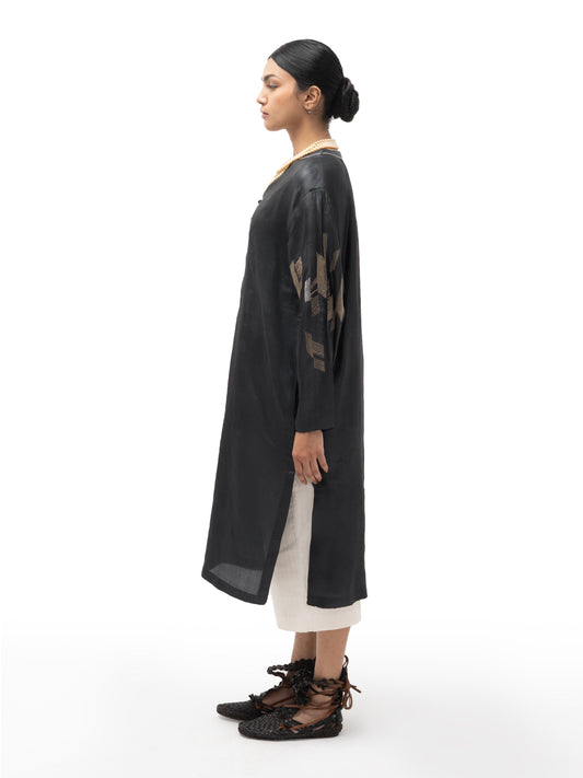 Hand Embroidered Long Straight Silk Tunic – Black