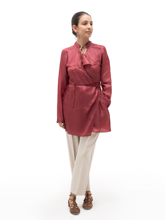 Hand Embroidered Silk Double Collar Overlap Top