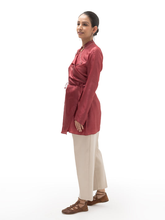 Hand Embroidered Silk Double Collar Overlap Top