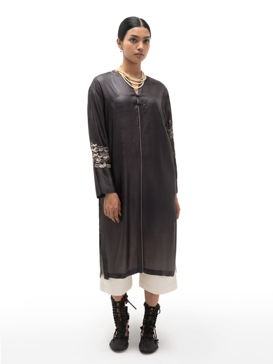 Hand Embroidered Long Straight Silk Tunic – Dark Chocolate