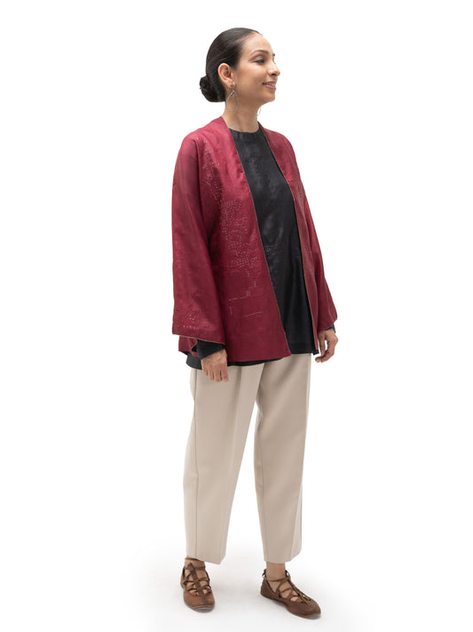 Hand Embroidered Square Dot Silk Kimono Jacket with Top (Set)