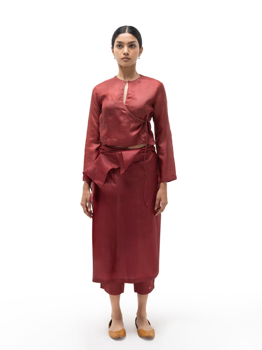 Hand Embroidered Silk Overlap Blouse with Wrap Pants (Set)