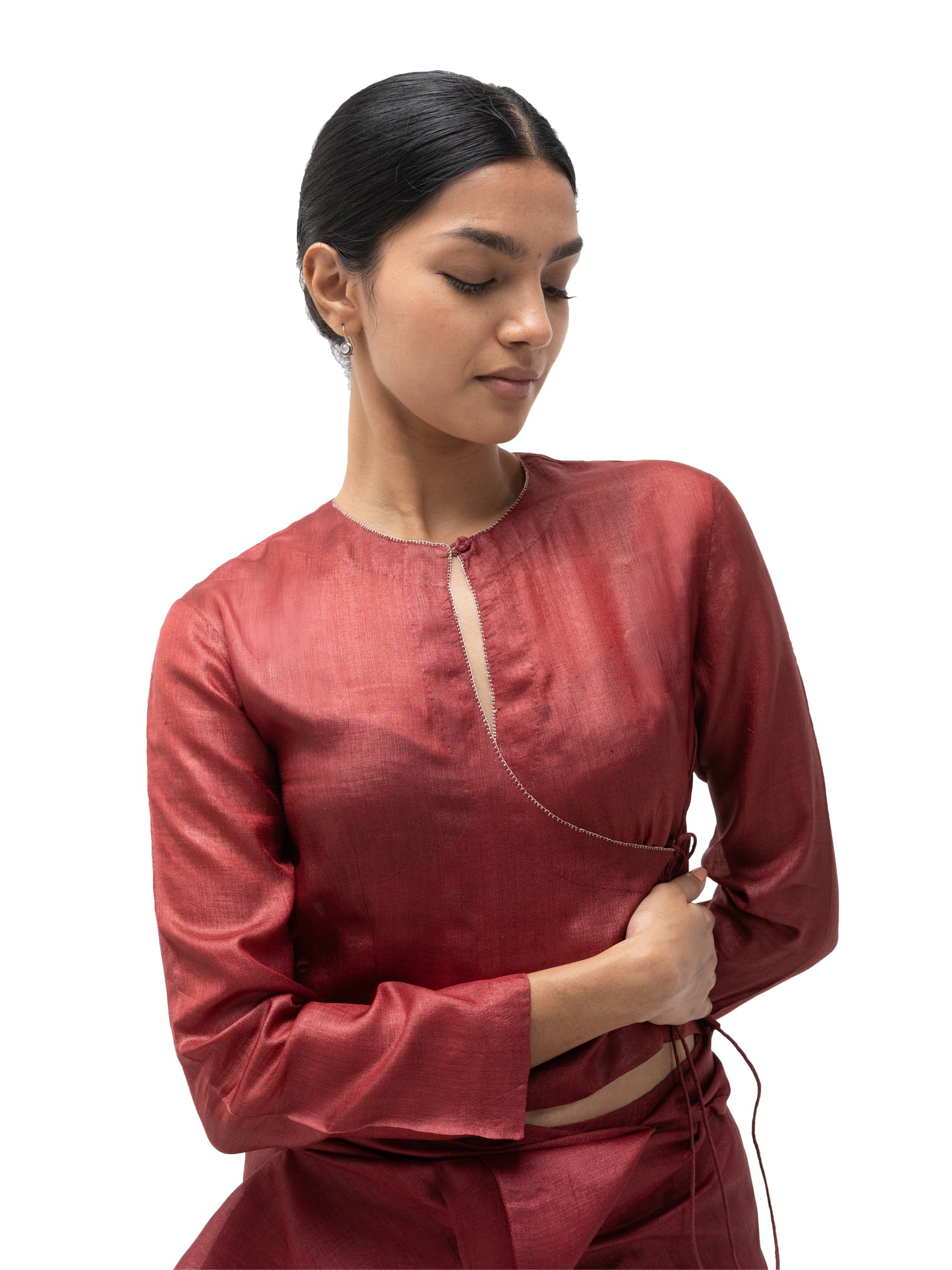 Hand Embroidered Silk Overlap Blouse with Wrap Pants (Set)