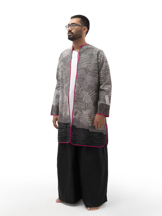 Hand Embroidered Silk Unisex Straight Jacket – Black