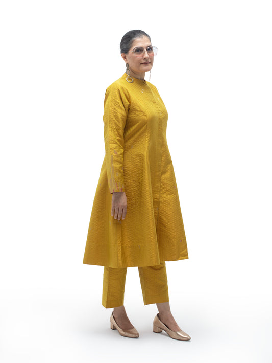 Hand Embroidered Silk Flared Tunic with Stitch Texture – Yellow