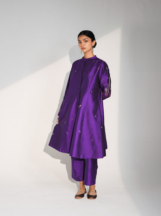 Hand Embroidered Silk Flared Tunic with Stitch Texture – Purple