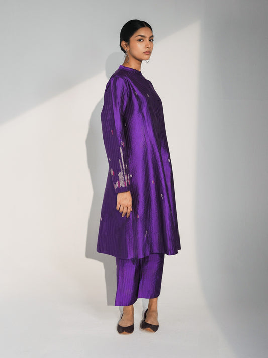 Hand Embroidered Silk Flared Tunic with Stitch Texture – Purple